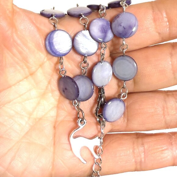Purple Mother of Pearl Beaded Short Necklace + Cute Slim Cat Pendant - Picture 13 of 13
